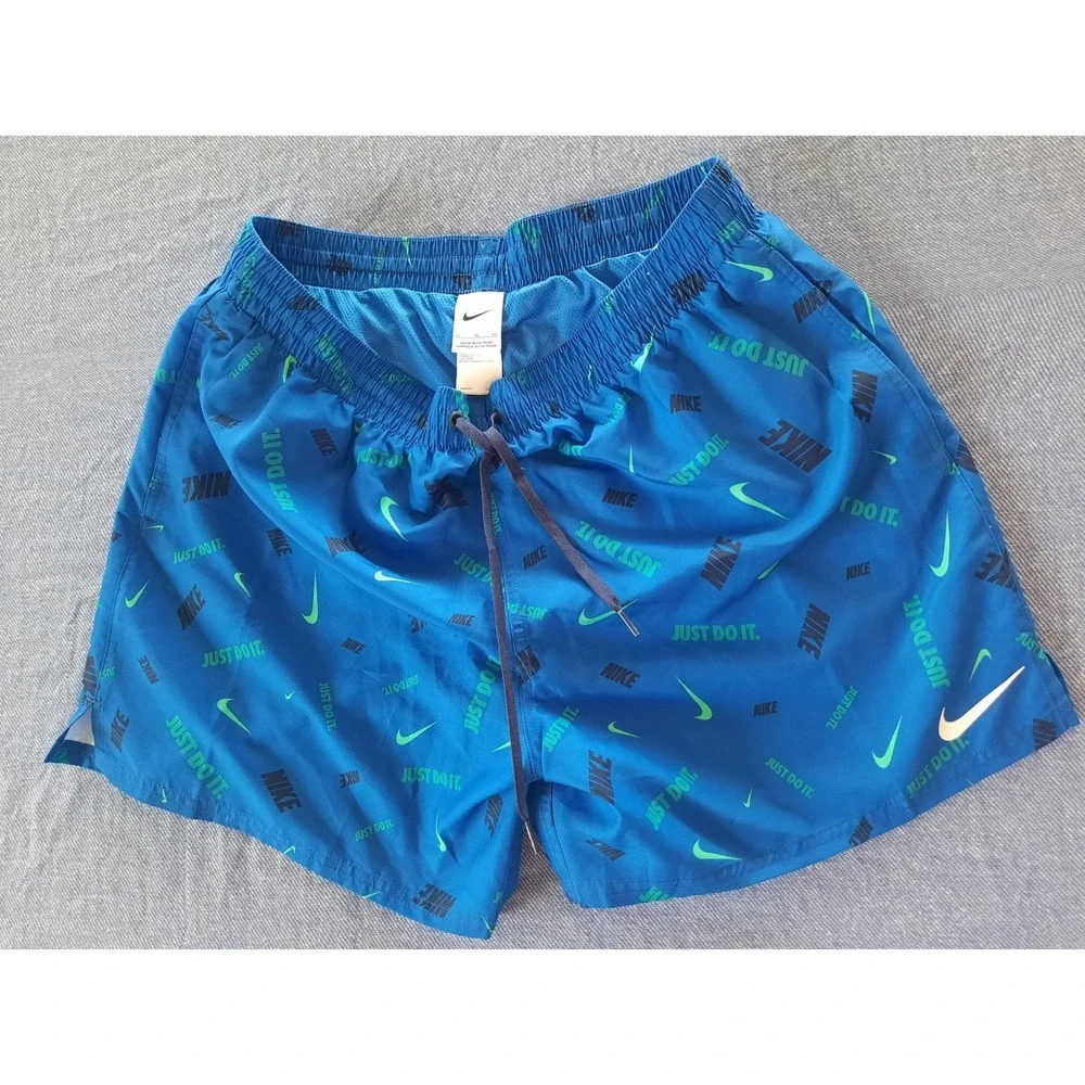 Nike Mens XL Blue Just Do It Swoosh All Over Print Swim Trunks Shorts NESSA474